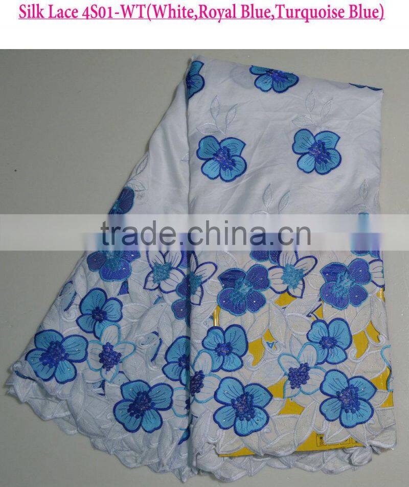 Latest design 100% polyester multicolour silk lace fabrics for party dress with a lot of stones
