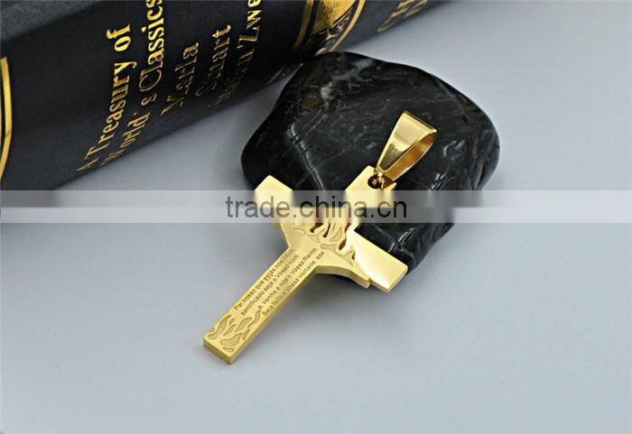 Hot sale gold filled jewelry stainless steel fire scriptures cross necklace pendant