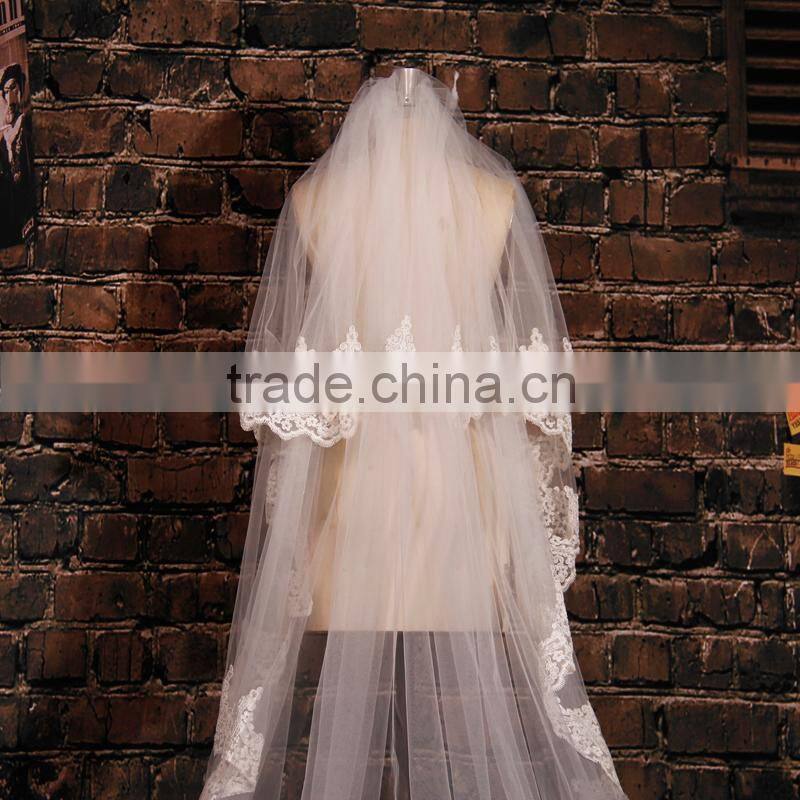 BV1002 New Arrival Elegant Ivory Veil Of Bride Lace Purfle One Layer 2015 Wedding Long Veils