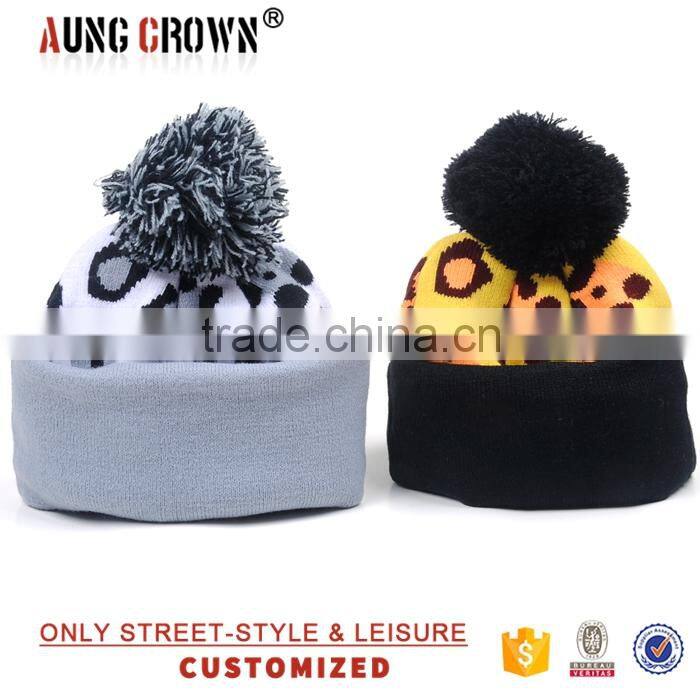 custom knitted cuff embroidery beanie hat/pom pom jacquard knitted hat