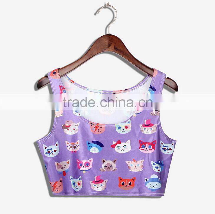 2015 Women Crop Tops wholesale Sublimation Cartoon Print Custom Design N7-39