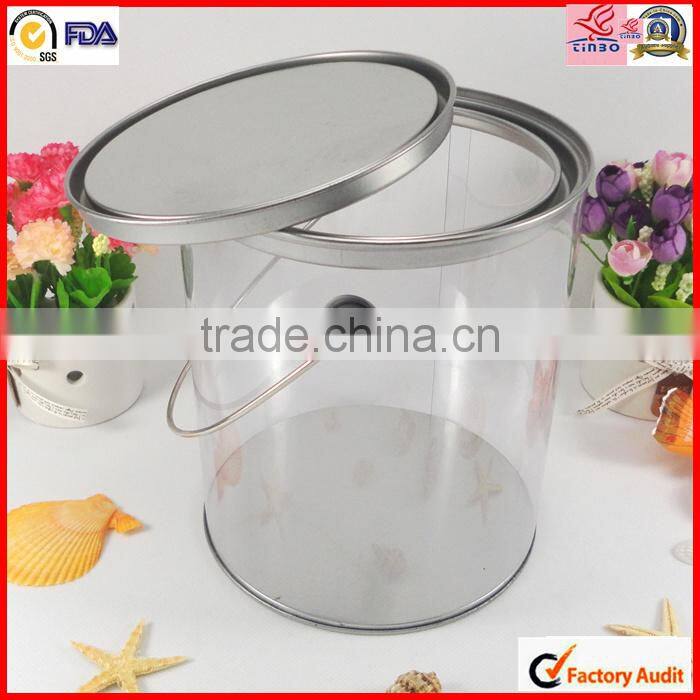 customed clear metal lid hot sale pvc round pet candy pails buckets