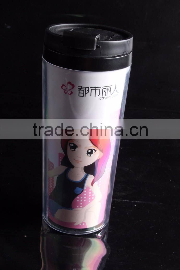 12oz Cheap Double Wall Travel Plastic Coffee Mug With Wall Paper