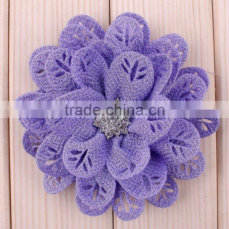 hot cutting fabric flower with rhinestone center for kids hair accessories