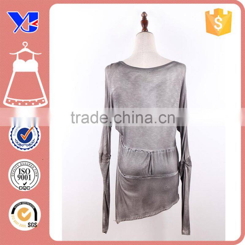 Grey Fashion Viscose Bodycon Low Neck Autunm Fashion Irregular Hem Blouse