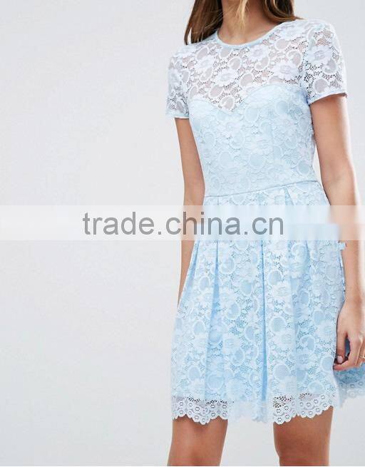 Guangzhou clothing OEM Blue Pleated Skirt Lace Mini T-Shirt Dress