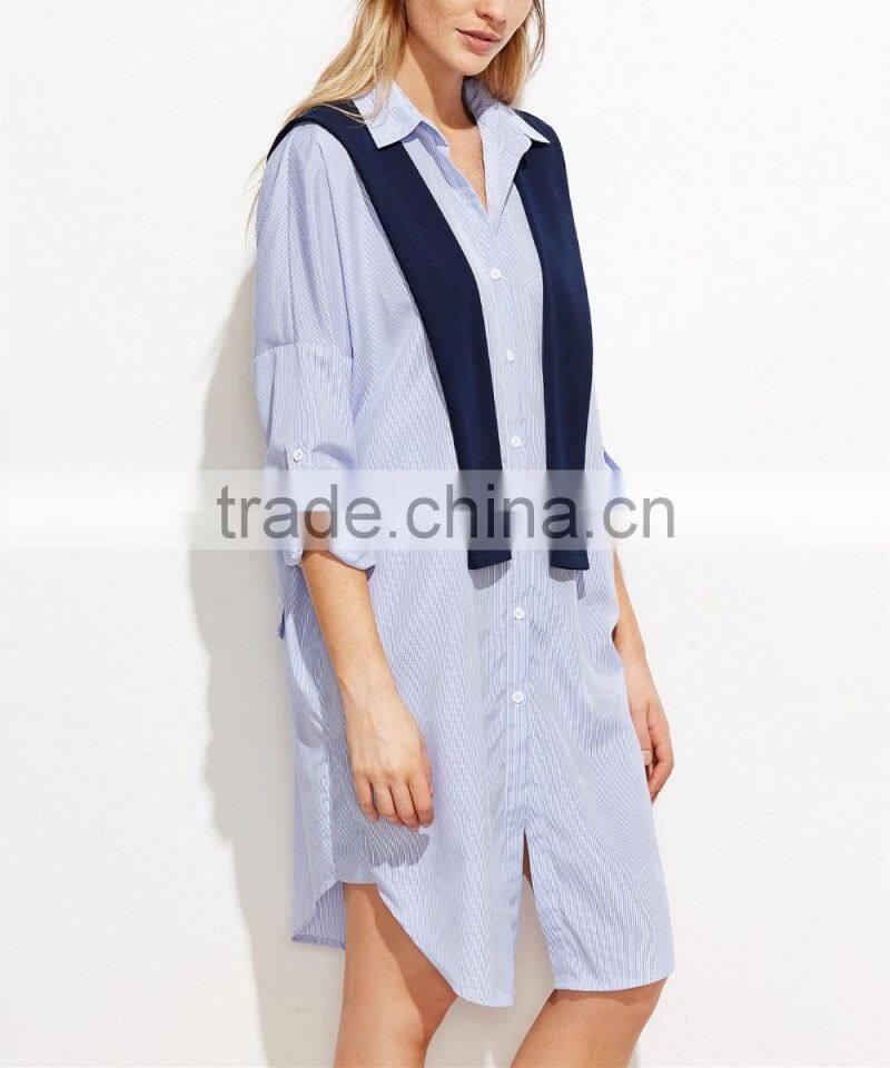 Guangzhou Clothing OEM Blue Vertical Striped Shawl Button Dress With Curved Hem
