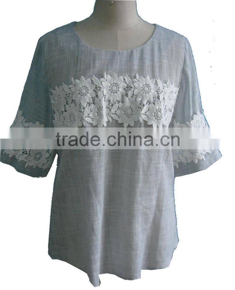 Korean Style Floral Lace Round Neck 3/4 Sleeve Linen Cotton Blouse