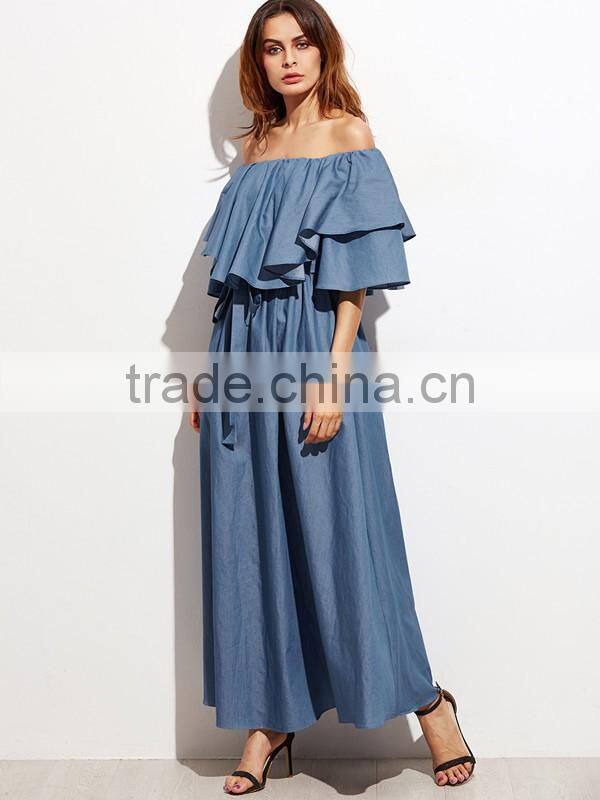 Ladies Ruffled Neck Off The Shoulder Short Sleeve Blue Color Tie Waist Long Maxi Denim Dress