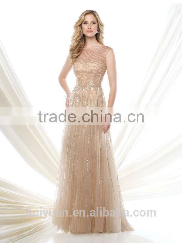 gold long round neck cap sleeve patterns of lace evening dress