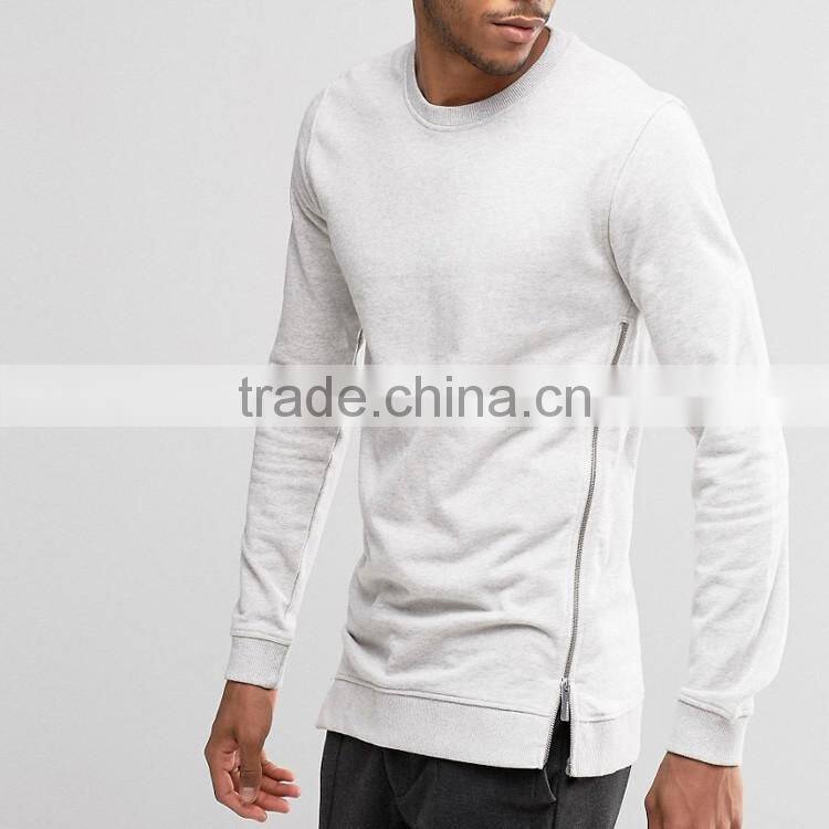 Stylish White 100% Cotton Plain Mens Crewneck Sweatshirt with Left Side Zipper Men's Clonting Wholesale Fashion Streetwear