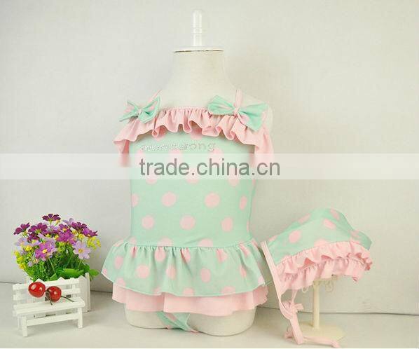 2016 In-stock Lovely Wholesale Boutique Summer Baby Girl Swimsuit Red Polka Dot Print Bikini Ruffles Swimwear With Cap