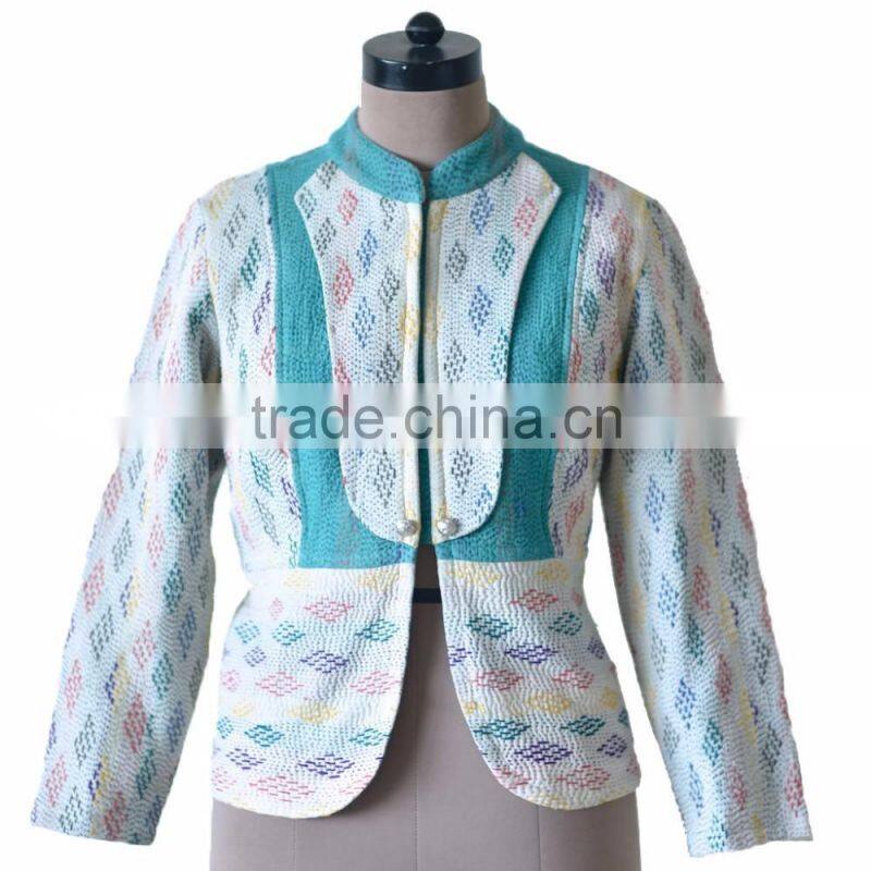 Vintage Kantha Jacket in Cream & Green Color ~ Extra Large