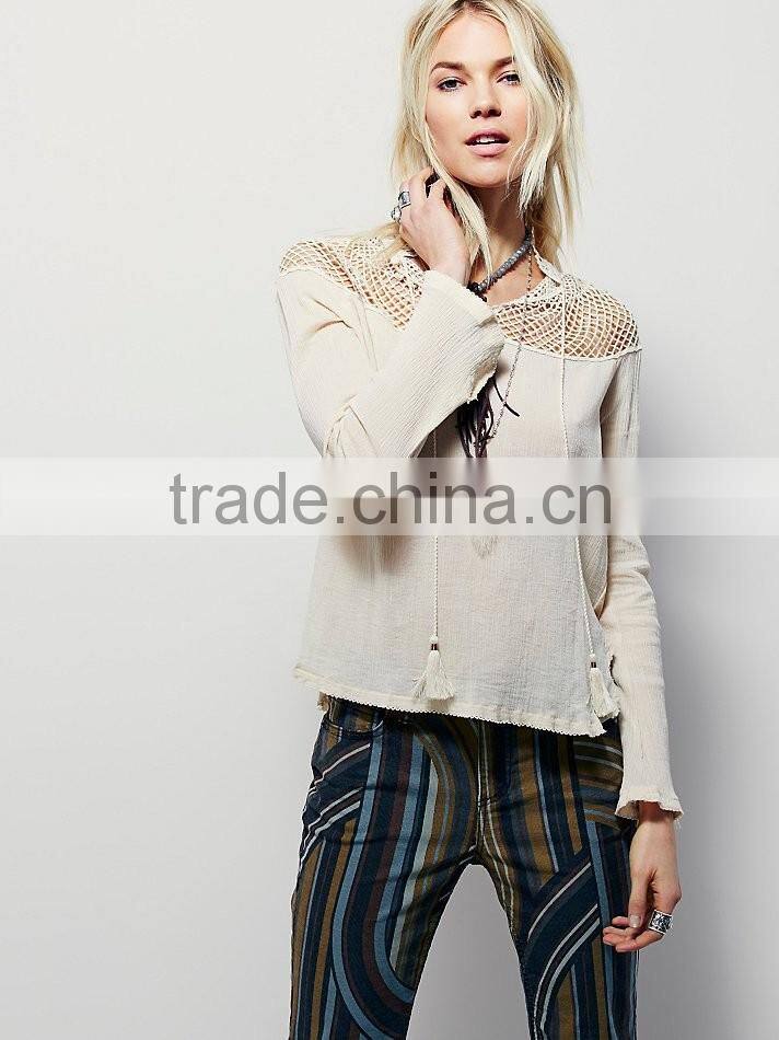 2016 Guangzhou Shandao Manufacturer New Fancy Women Autumn Long Sleeve Net Shoulder White Cotton Plain Blouse Designs