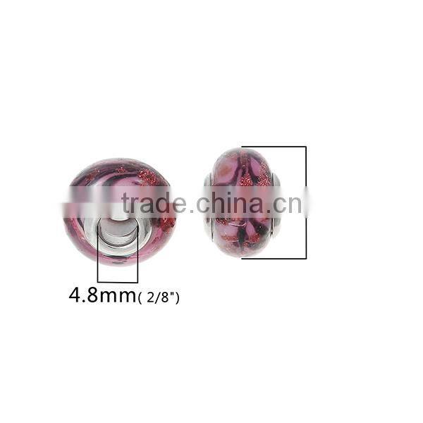 Lampwork Glass European Style Large Hole Beads Round Red Brown Pattern With 304 Stainless Steel Silver Tone Core