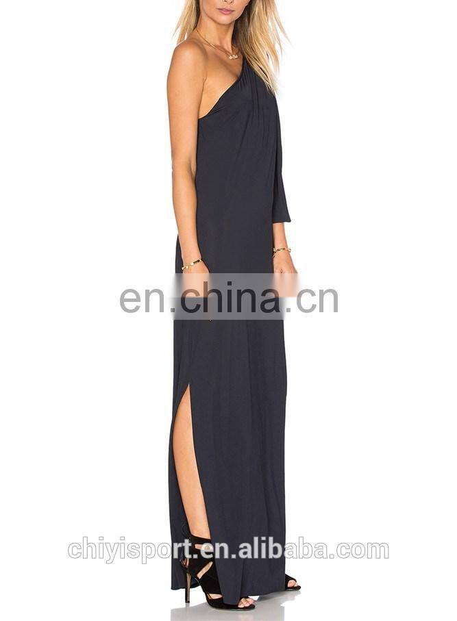 2016 Wholesale Factory Direct Women Black One Shoulder Long Maxi Dress