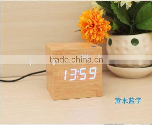 Cube wooden LED Alarm Clock despertador Temperature Solids Voice Control LED display electronic desktop Digital clocks Calendar