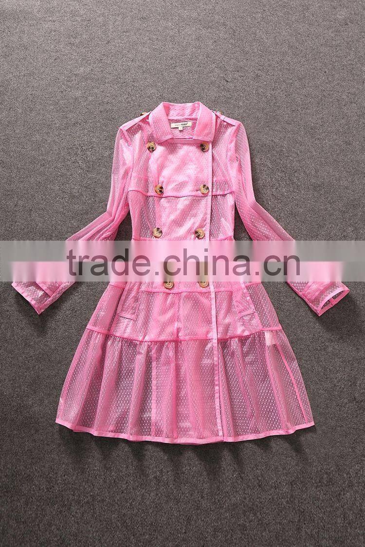Unique brands designs fashion 2014 hot selling sexy lace turn-down collar double breasted thin coat for trendy women C17281