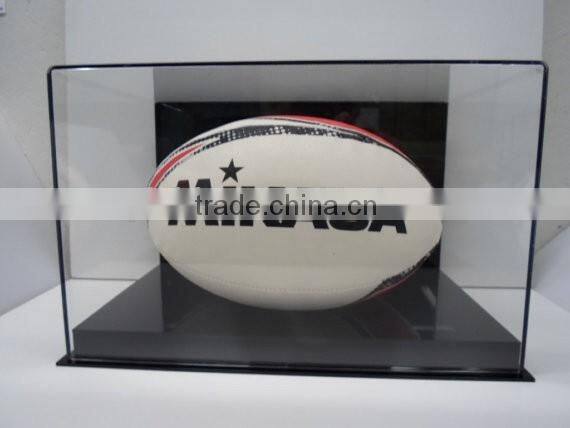 Customized Rugby ball display case full size acrylic with black acrylic base