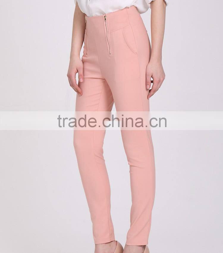 Women Lady Pink With Zip Casual Long Pants Trousers