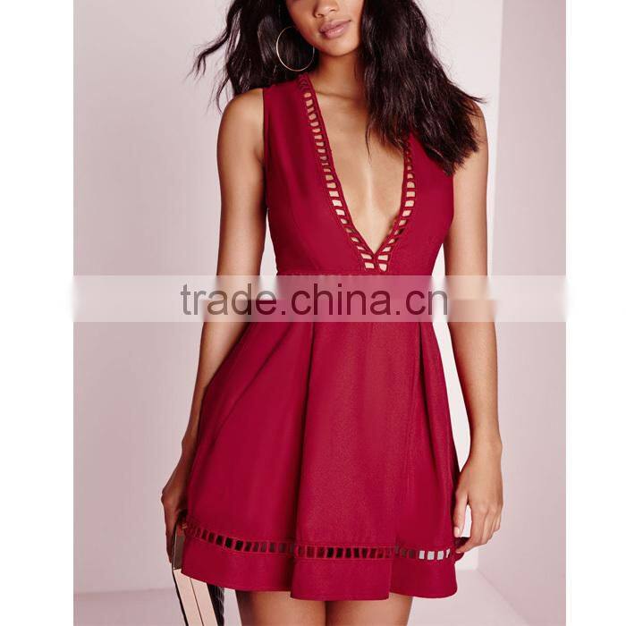 Sexy plunge ladder detail skater dress red