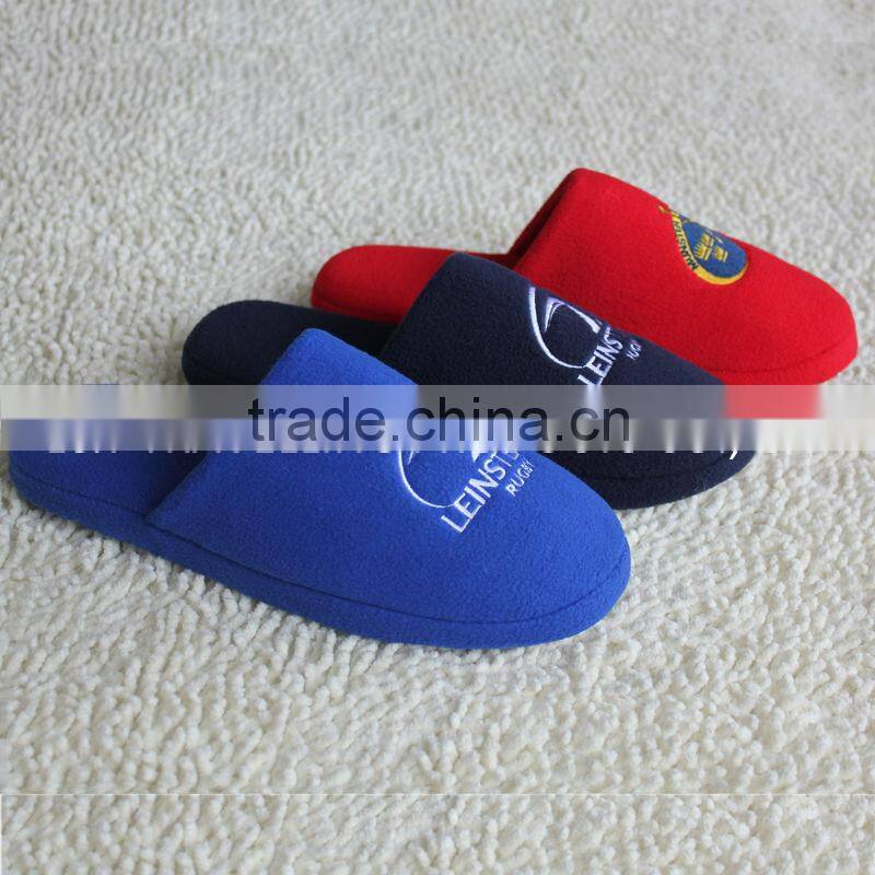 Premium quality colored fleece with embroidery logo mens mocassin slippers