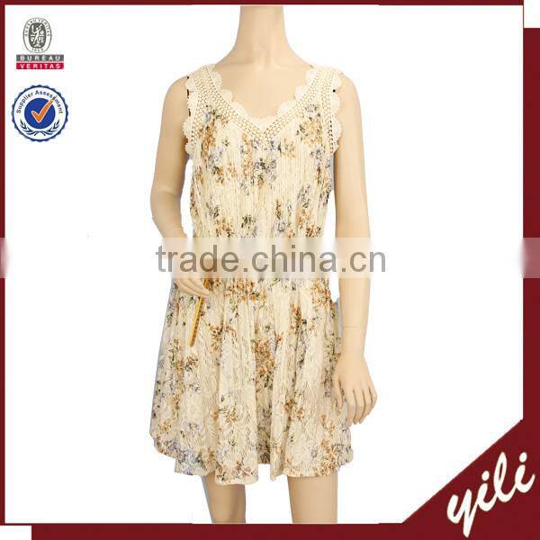 2016 new fashion sleeveless flower print lace contrast lady dress