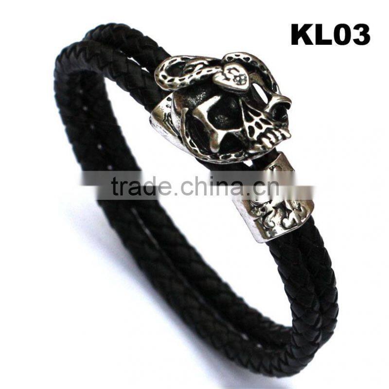 Black Leather Braided Wristband Tibetan Silver Clasp Men Punk Skull Bracelet