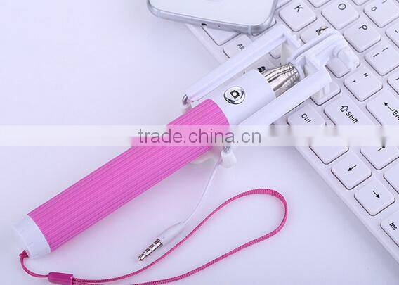 universal pink Mini Foldable wired selfie stick android aluminium monopod with cable