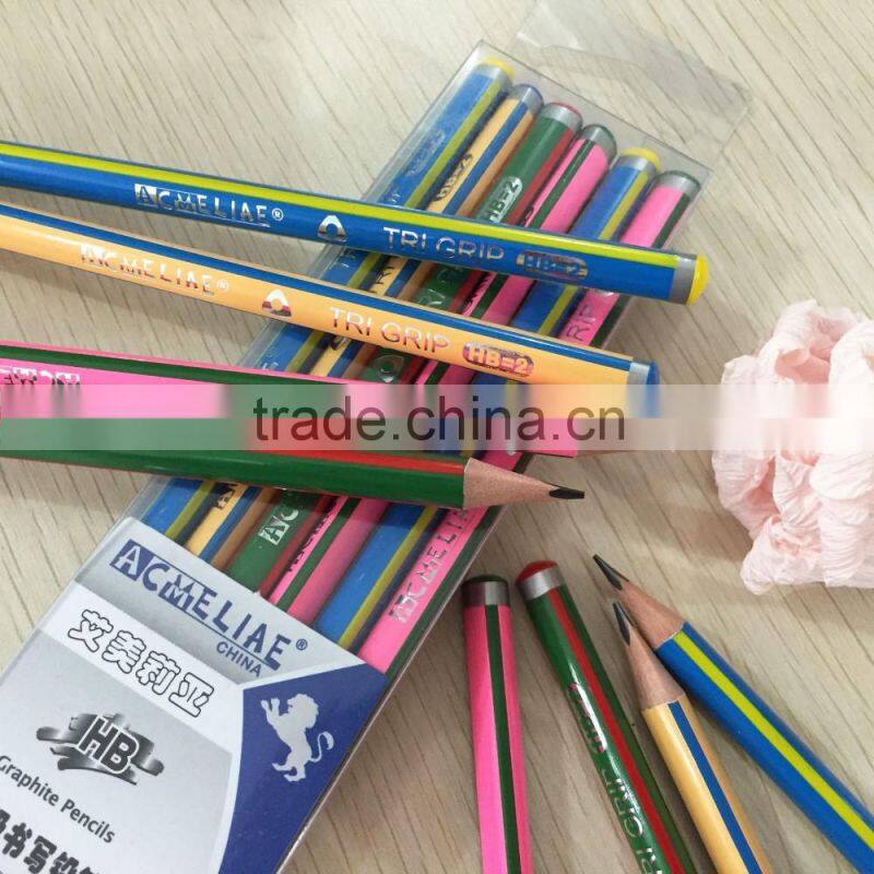 7" standard size triangular shape color striped HB pencil sharpened with dipped end
