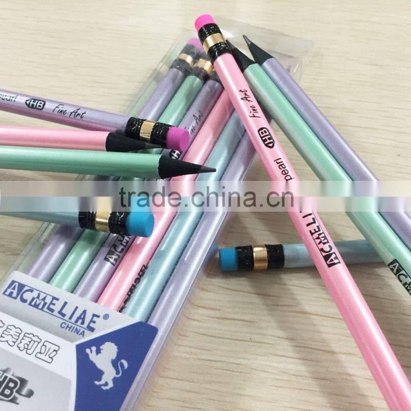 Standard size round shape pearl color coating body black wood HB pencil sharpened with eraser