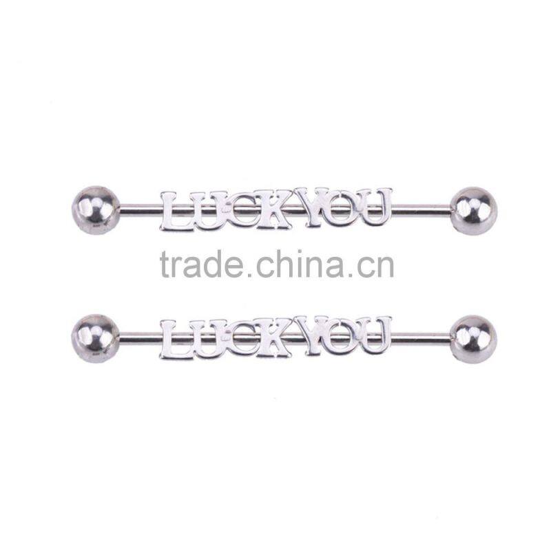 'LUCK YOU' letter Industrial Style 14G Cartilage Earring 1 & 1/2" Barbell with Round Ball Ends.