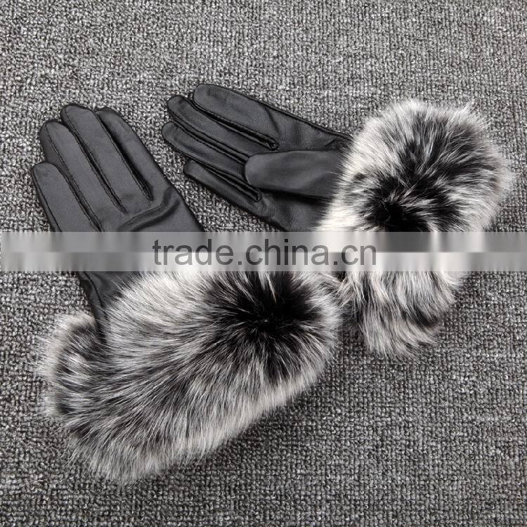 Winter Leather Car Driving Gloves Flannelette Inside With Fox Fur Double Face Sheepskin