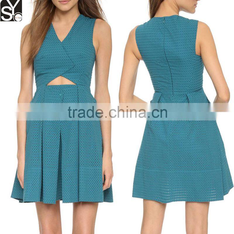 New Style 2015 Women Fashion V Neck Cut Out Front Mini Pleated Jacquard Dress Photo