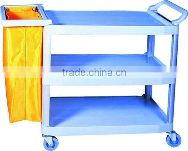 Small Size Plastic 3-tier Cleaning Room Food Service Collection Janitor Trolley with Cloth Bag