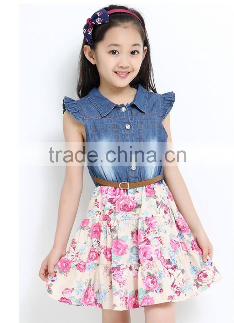 3 colors floral print kids jeans dress