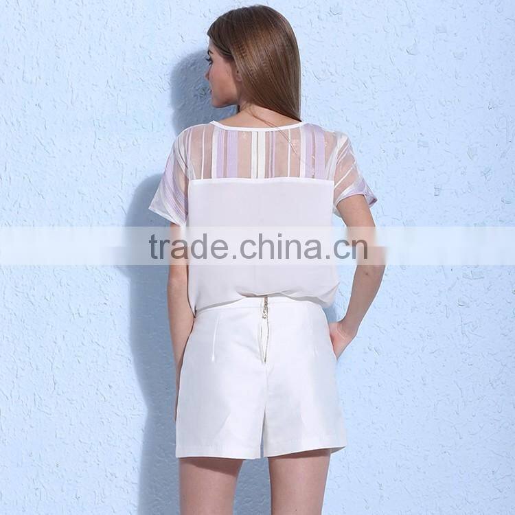 2016 Summer Sexy Lady Embroidery Design Elegant Chiffon Short Sleeve Slim Blouses White Lace Patchwork Choli Blouse Designs