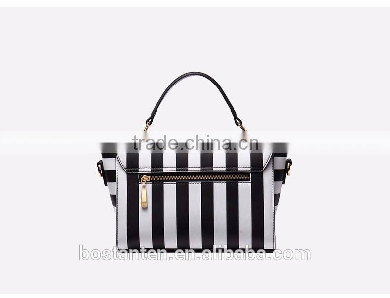 Striped design women handbag leather tote bag lock metal buckle