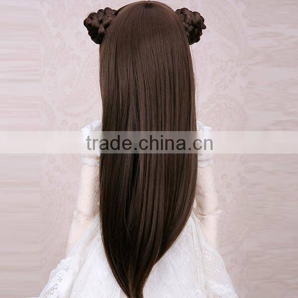 long straight black bjd/blythe doll wig with two hair buns