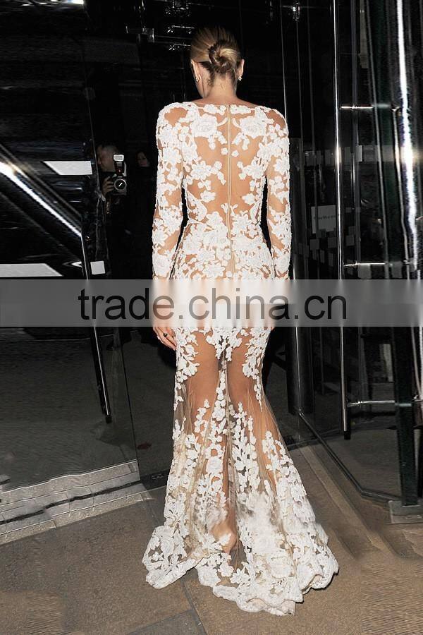 Transparent Lace Floor Length Custom Made Design Evening Party Wear Robe De Soiree ED304 long sleeve white evening dresses