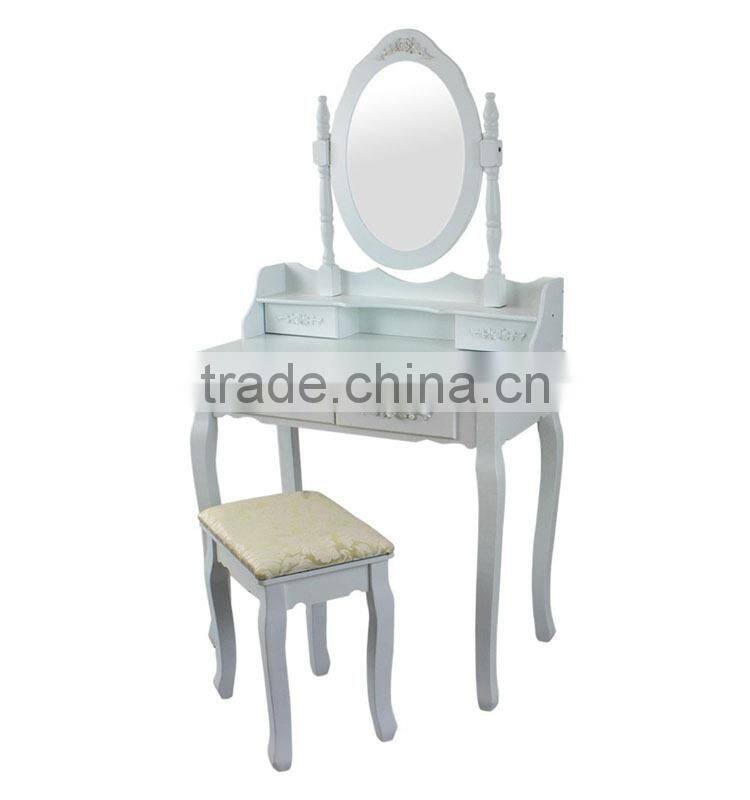 Wooden 4-Drawer Vanity Table in White W/ Stool and Cheval Mirror
