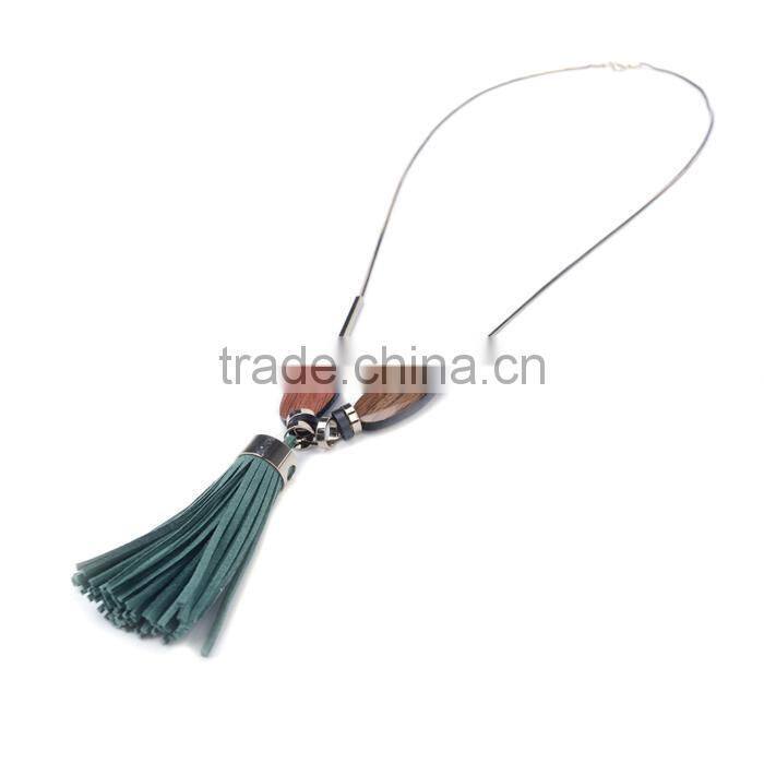 wood bead chain necklace tassel necklace geometric metal beads rings on chain necklace