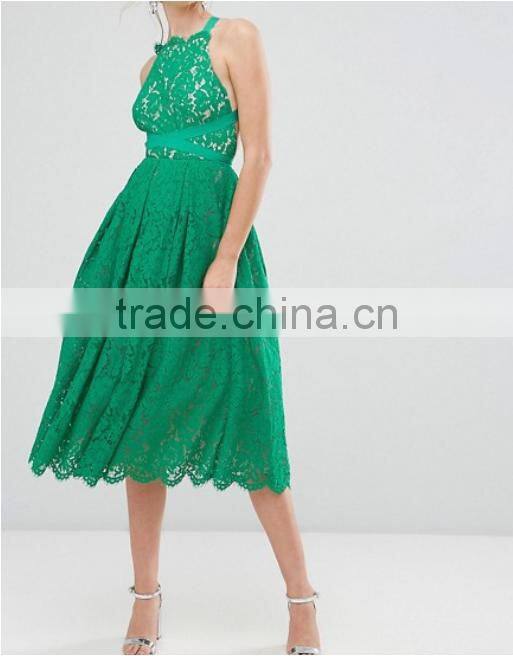 Lace clothing OEM Square neck Box-pleat skirt prom dress fashion design Midi Prom Dress
