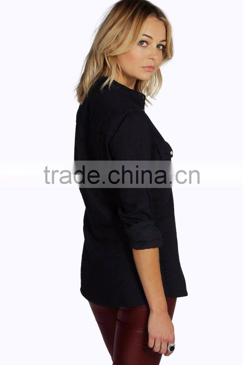 wholesale plain blank custom women black roll sleeve shirts slim fit denim jean shirts