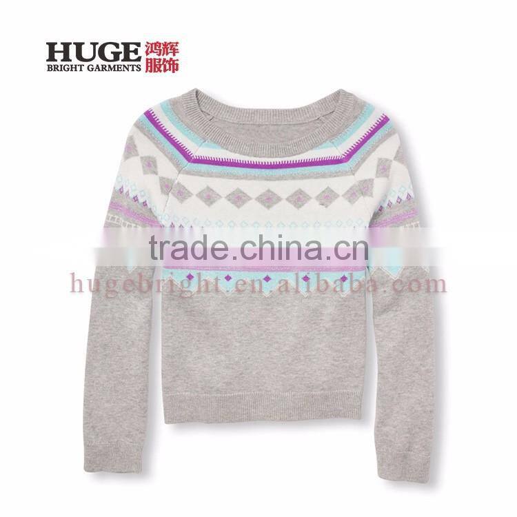 Girls Long Raglan Sleeve Fair Isle Cotton Sweater Knitting