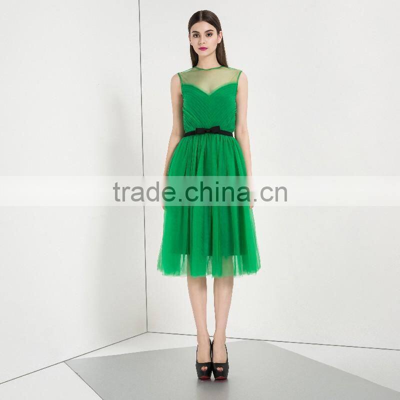 2016 Hot Selling Women Fashion Sleevless Mesh Tutu Evening Dress Green Beaded Short Dress of Evening