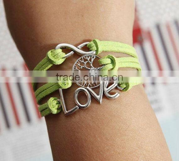heart to heart bracelet, love with green flocking leather,brown baided Leather bracelet, friendship charm bracelet