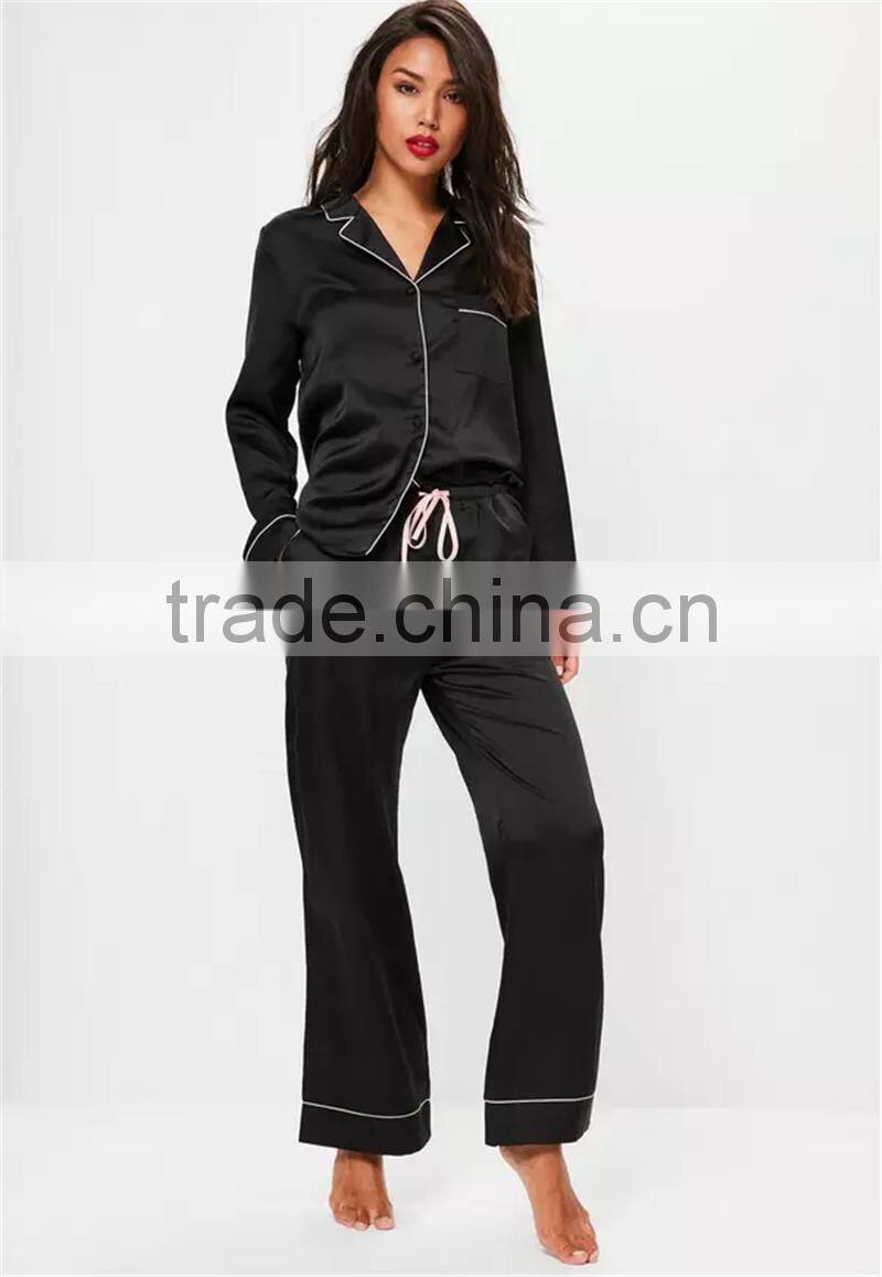 MGOO Custom Embroidery Logo Black Long Sleeves Long Pants Pyjamas Sets Piped Satin Silk Nightwear Sets