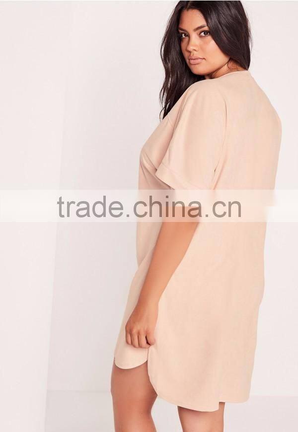 Plus Size Faux Suede Zip Up Shift Dress Nude Short Sleeve Sexy Elegance Split Curved Hem Dress