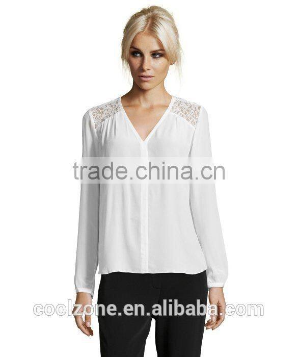 100% Polyester long sleeve v neck blouse Hi-low woman blouse